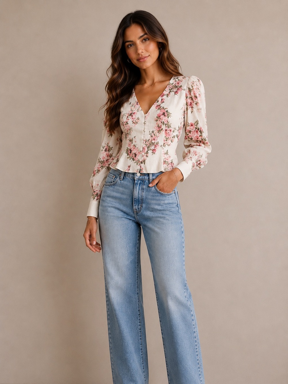 VICI Pink Floral Puff Sleeve Button Front Blouse